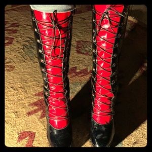 Pleaser brand blk & red faux patent leather boots.